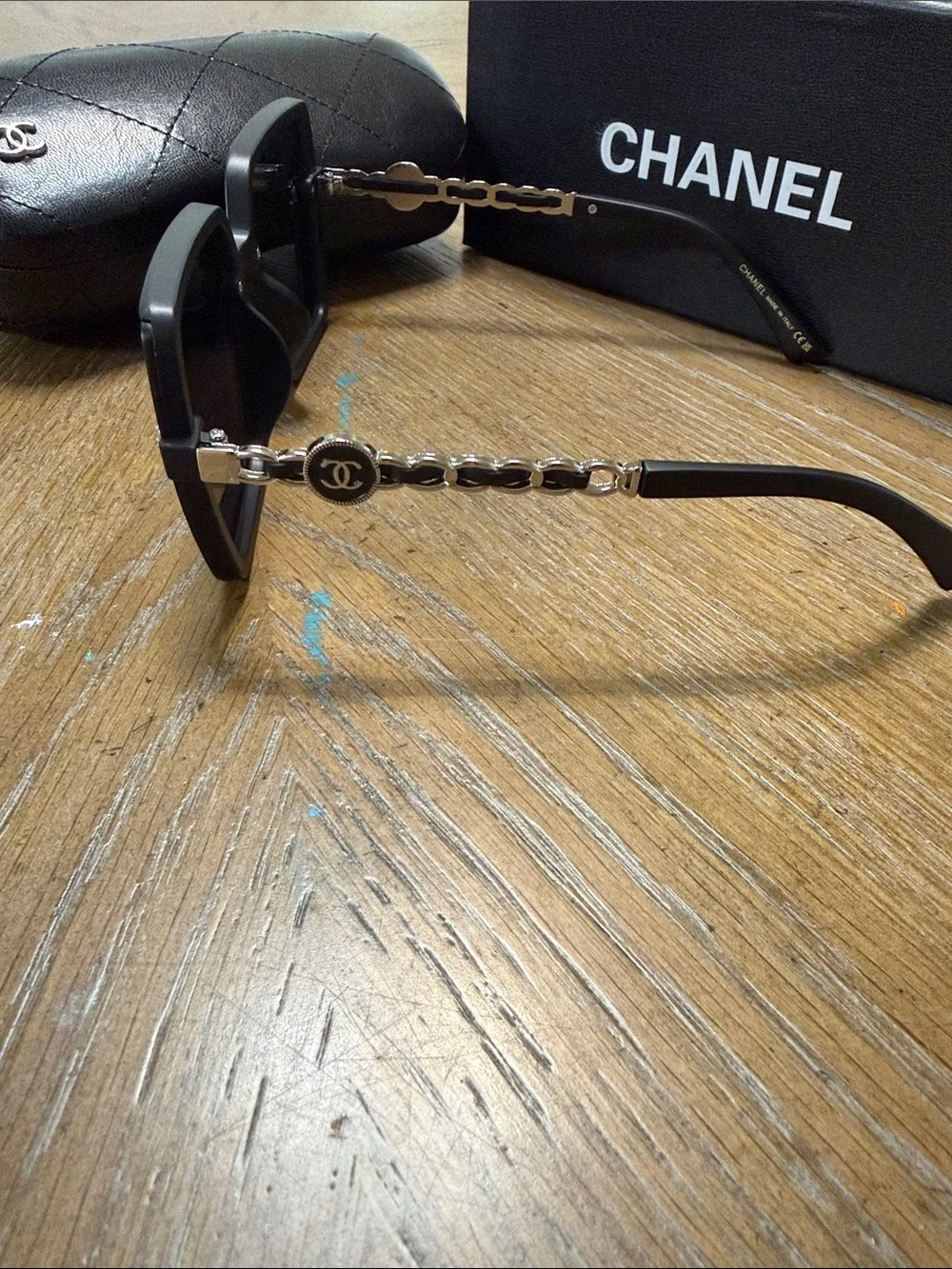 CHANEL Oversized Black Square Sunglasses with Silver CC Accents